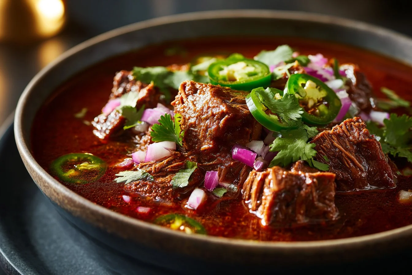 Delicious bowl of birria with fresh cilantro and onion garnishes