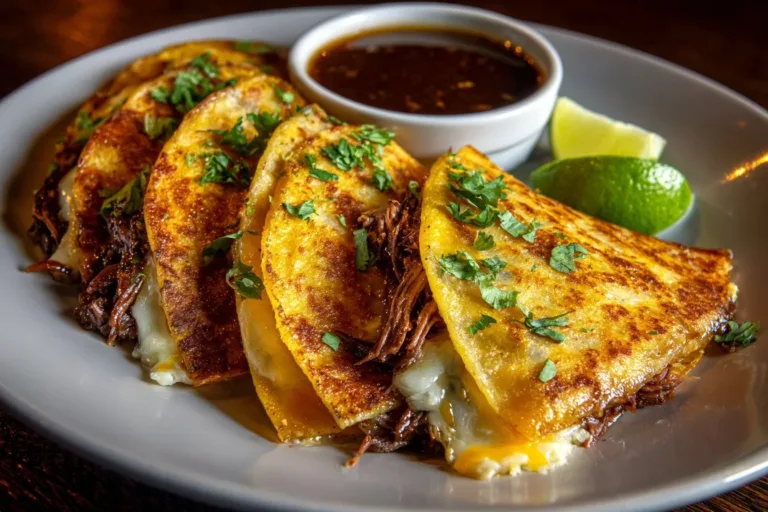 Authentic Birria Tacos served with consomé and garnished with cilantro and onions.