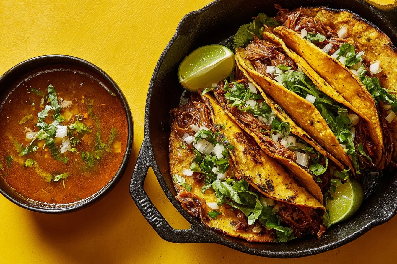 Delicious, juicy Birria Tacos served with consomé and fresh cilantro and onion