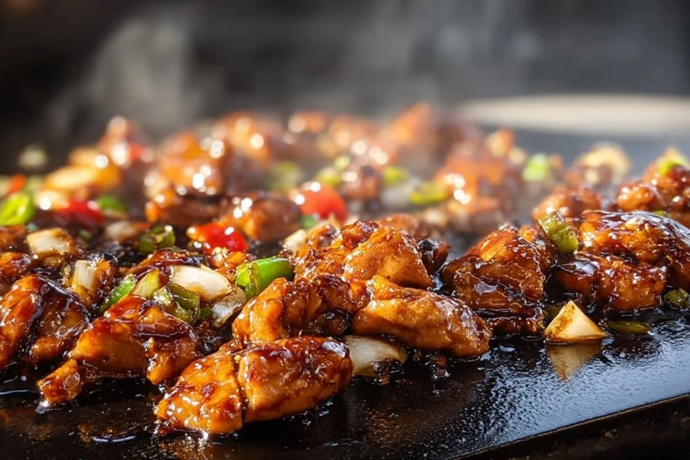 Delicious Blackstone Bourbon Chicken served on a plate with garnish