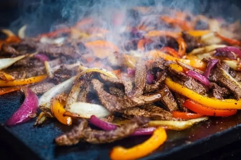 Grilled Blackstone steak fajitas served with colorful bell peppers and onions