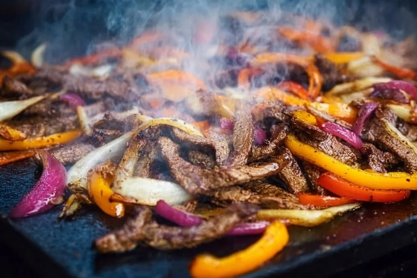 Grilled Blackstone steak fajitas served with colorful bell peppers and onions