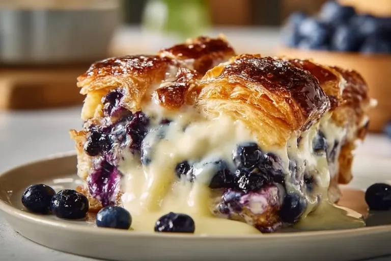 Blueberry cream cheese croissant casserole baked with fresh blueberries
