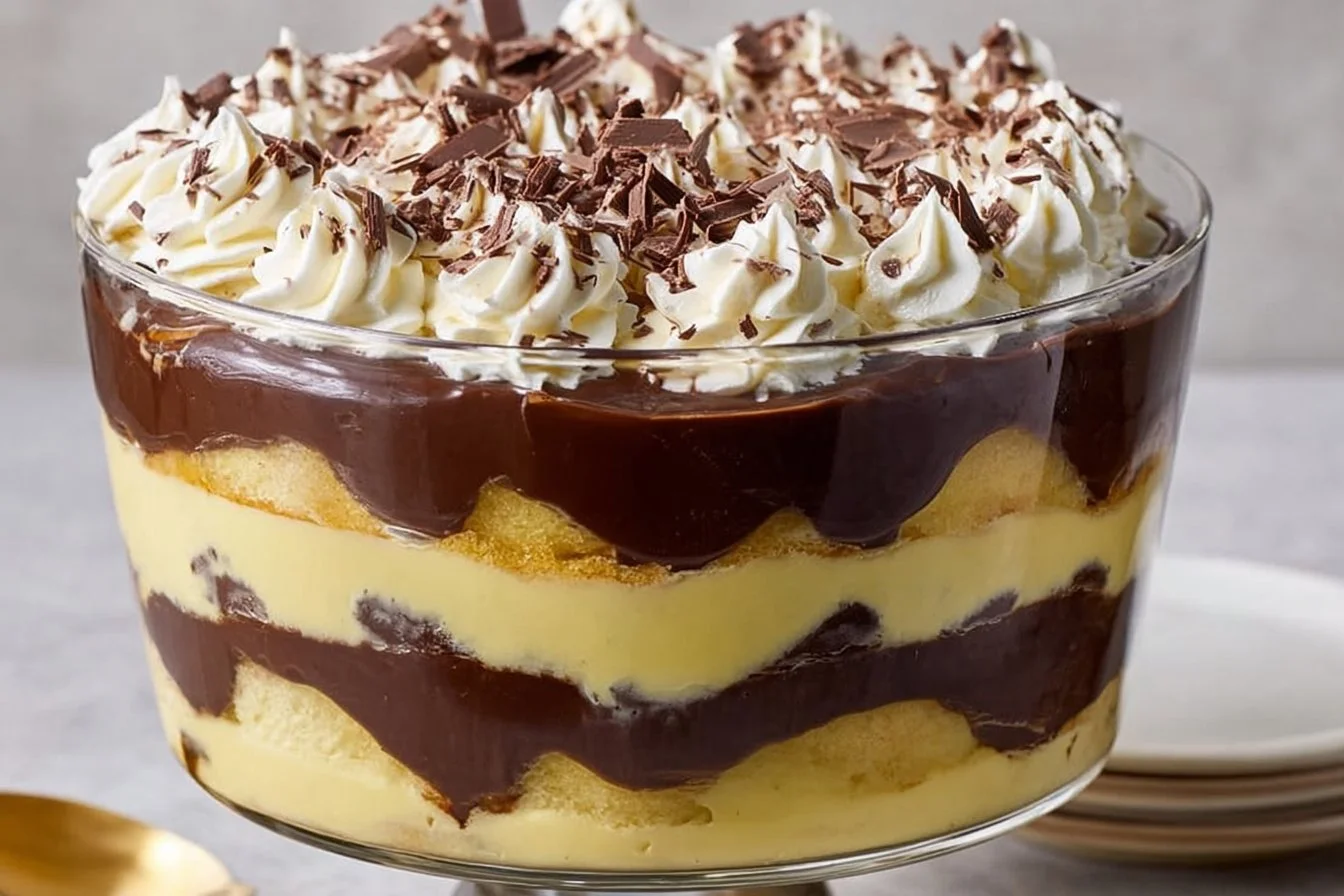 Boston Cream Pie Trifle with layers of cream and chocolate