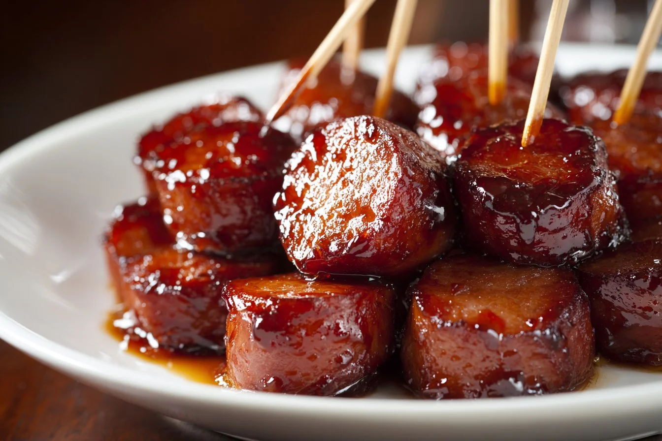 Brown sugar glazed kielbasa bites served on a platter