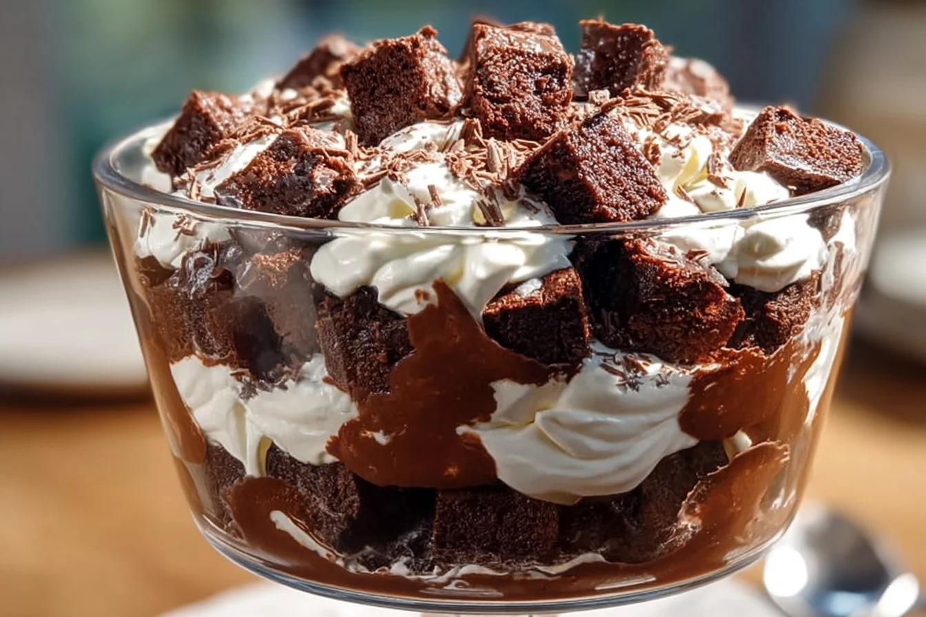 Delicious brownie trifle layered with chocolate and whipped cream