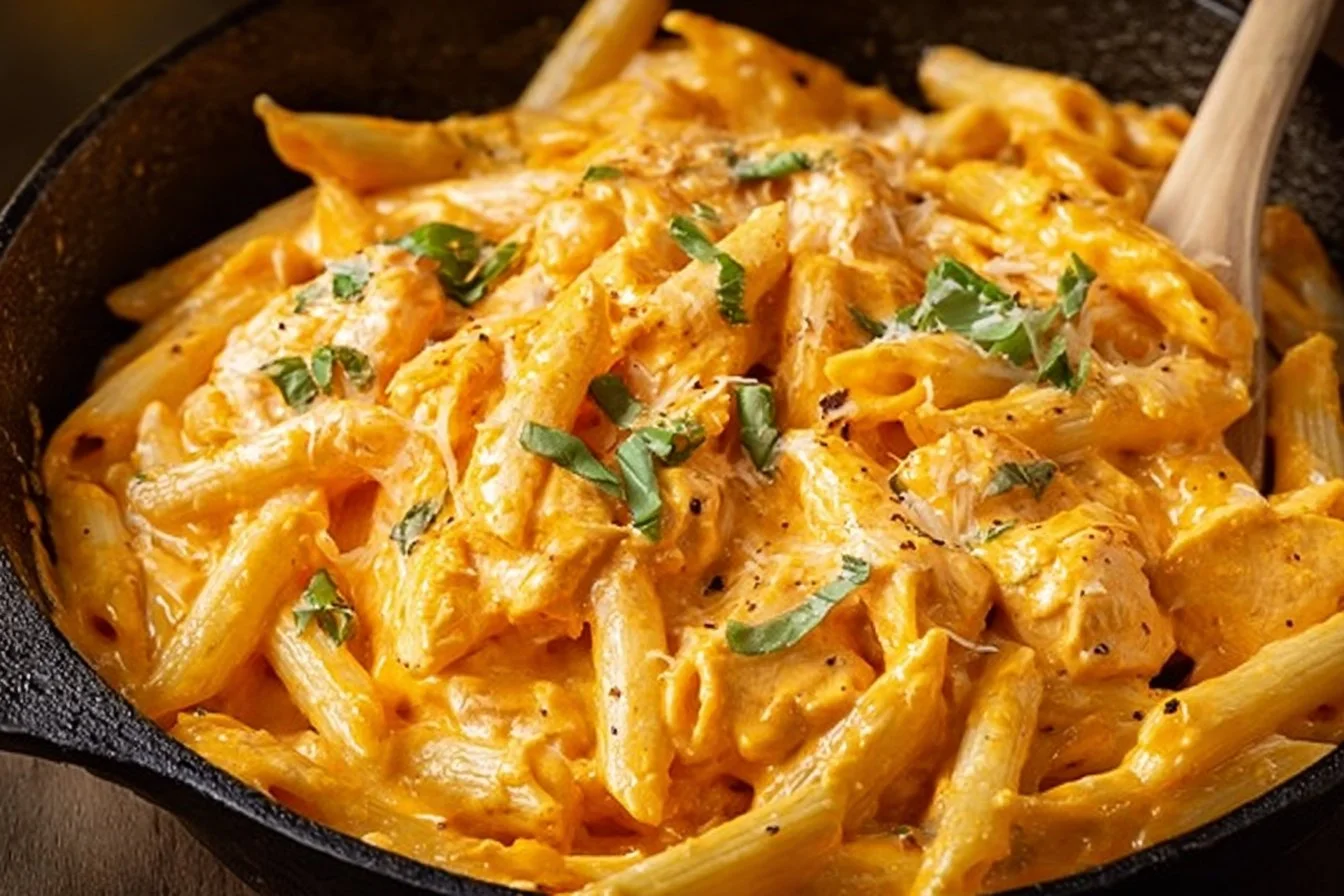 Buffalo Chicken Alfredo Pasta served in a bowl with fresh herbs