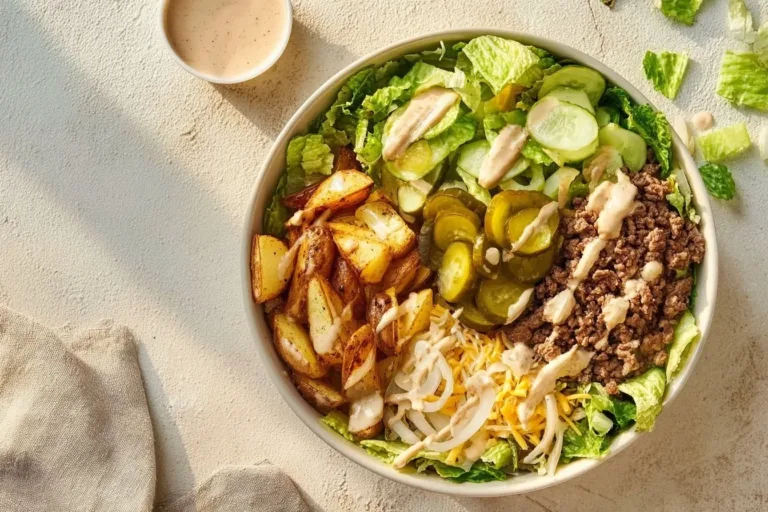 A colorful Burger Bowl topped with fresh vegetables and ground beef