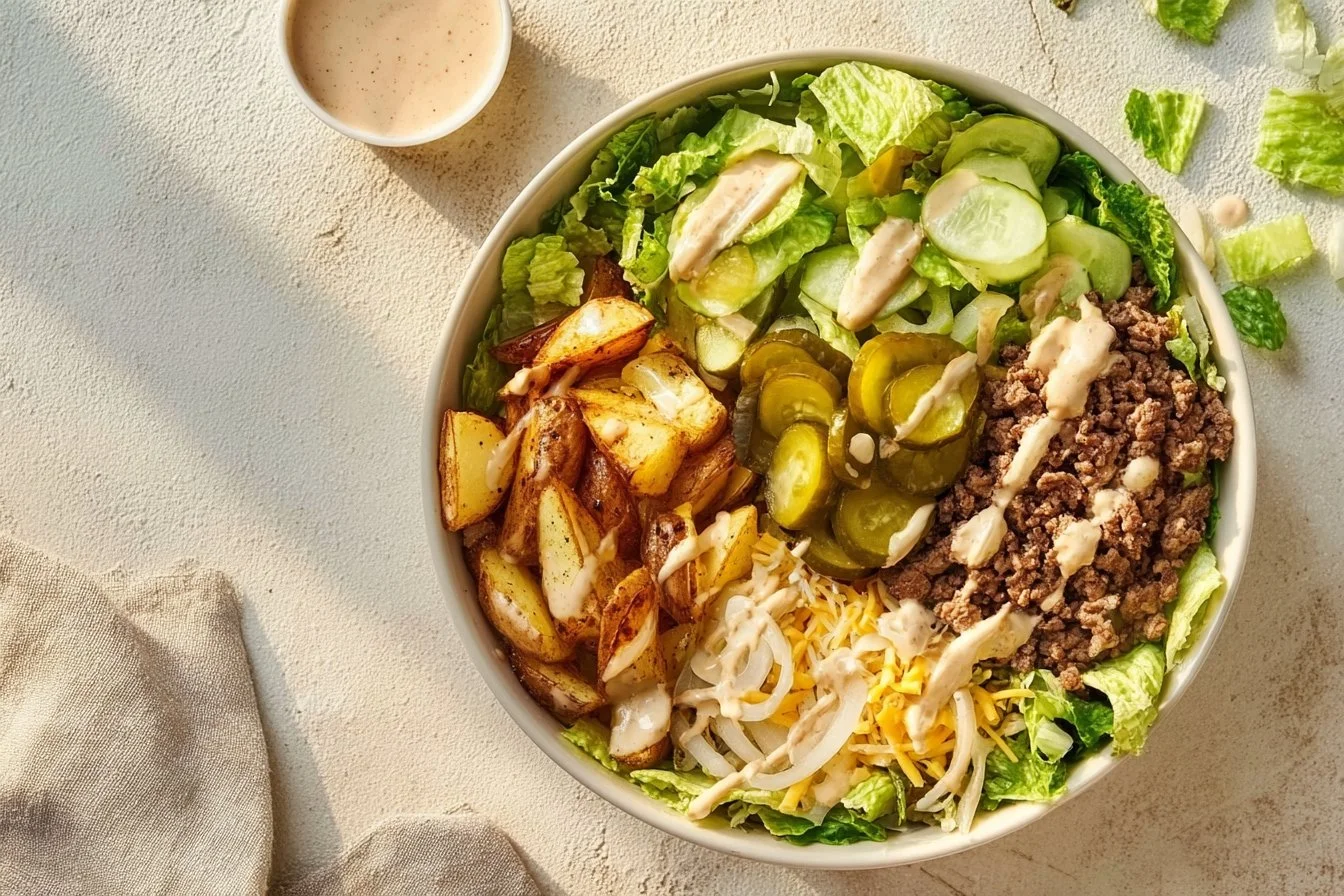 A colorful Burger Bowl topped with fresh vegetables and ground beef