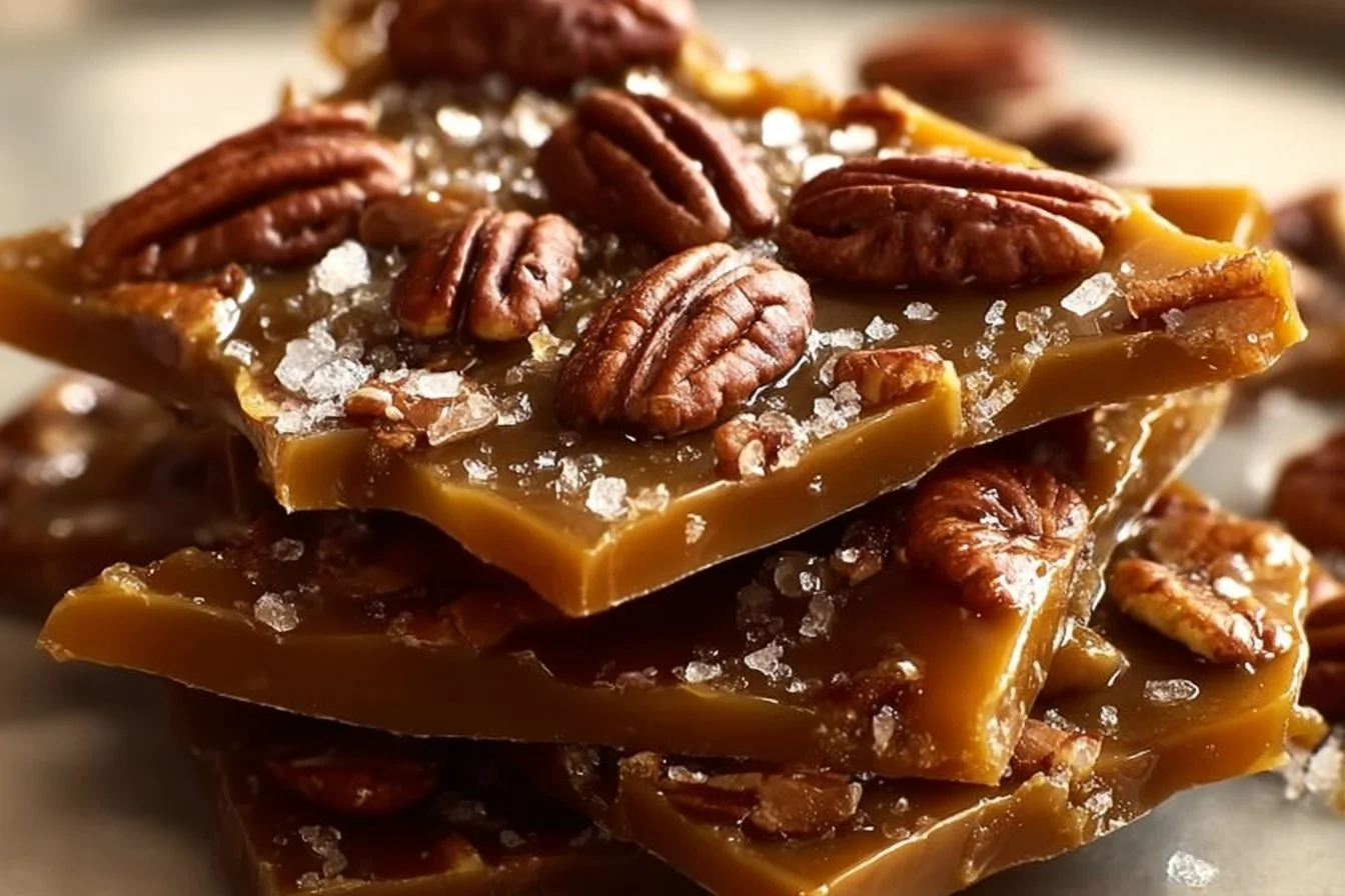 Delicious Butter Pecan Toffee Bark with nuts and chocolate on a wooden table.