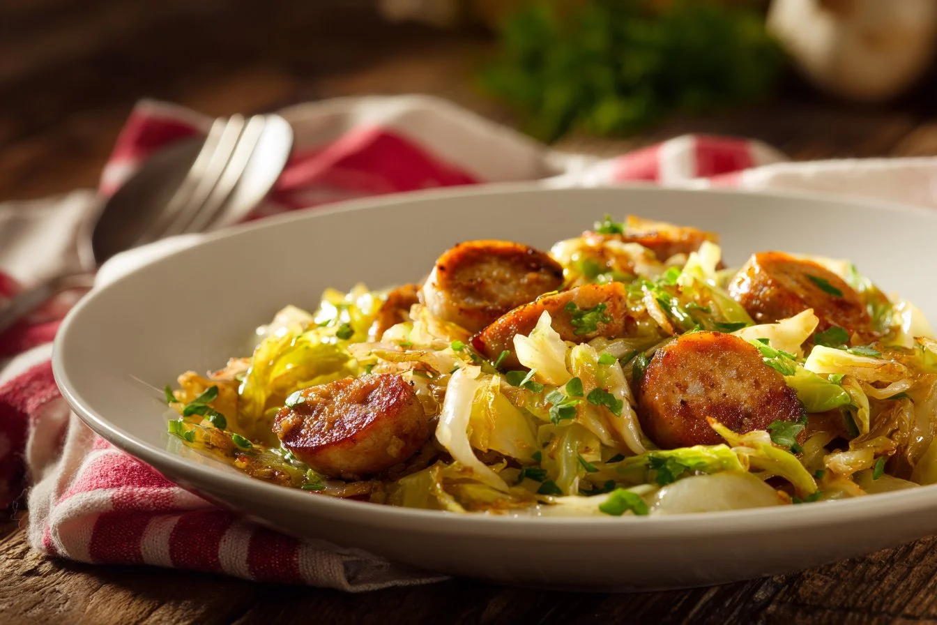 Cabbage and Sausage Skillet dish served on a plate