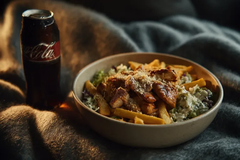 Caesar salad with crispy fries and a glass of Cola Zero on a wooden table.