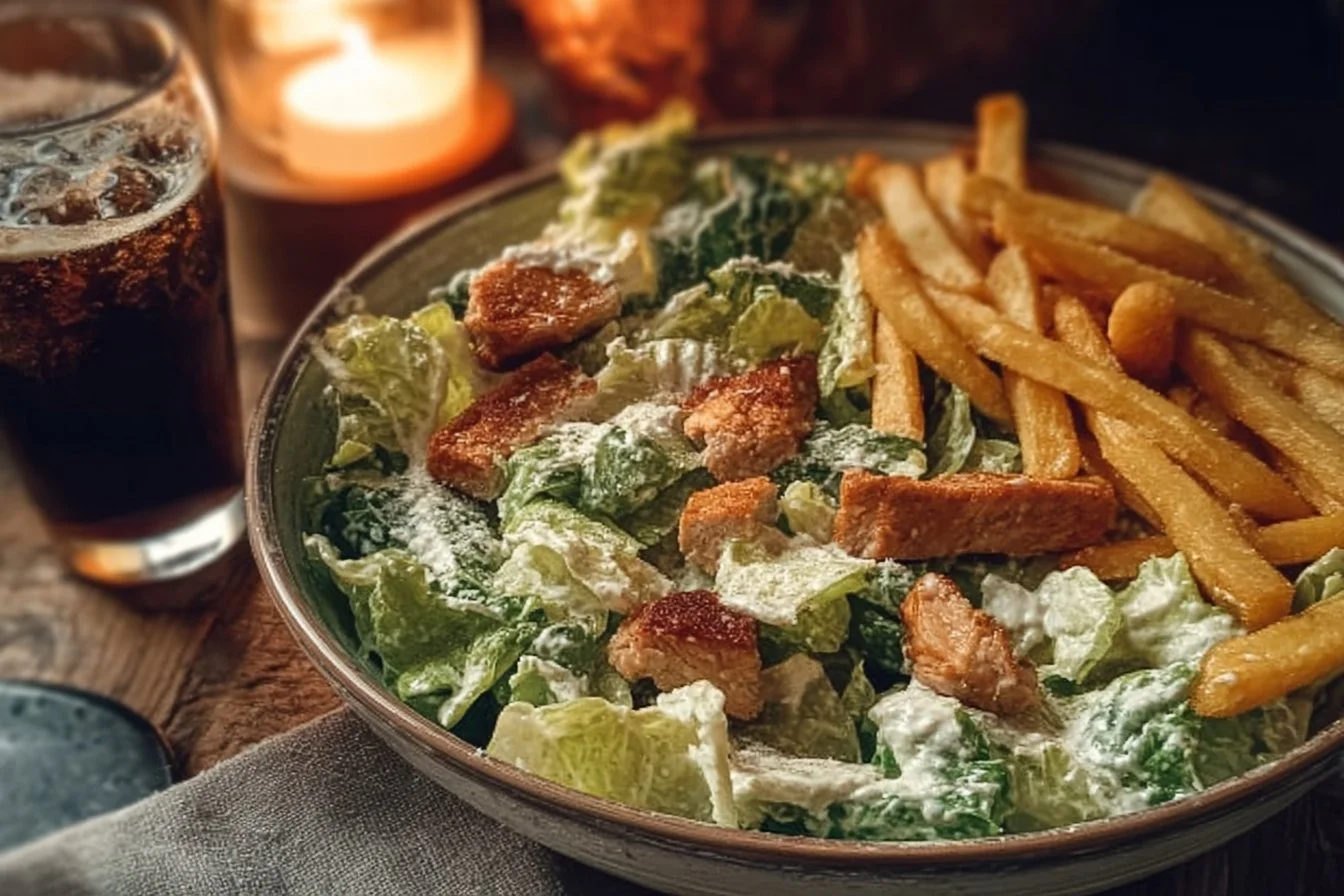 Caesar salad, fries and cola zero
