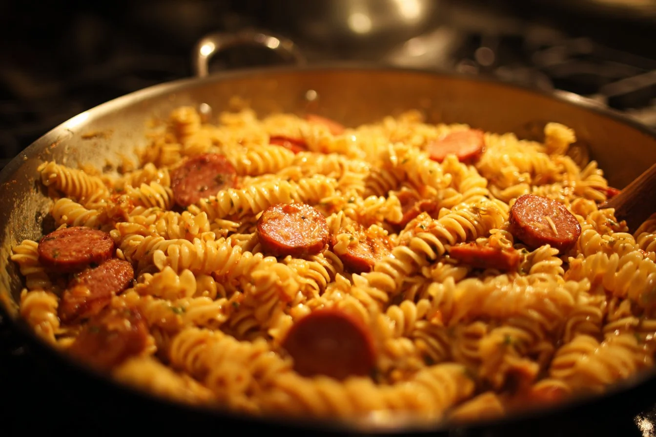 Delicious Cajun Sausage Pasta served in a bowl with vibrant spices and ingredients.