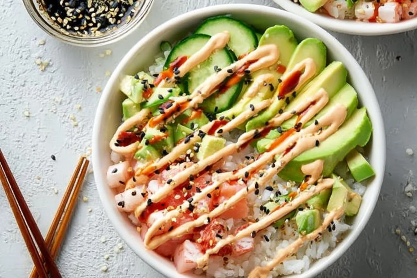 California Roll Sushi Bowls with fresh ingredients and vibrant presentation