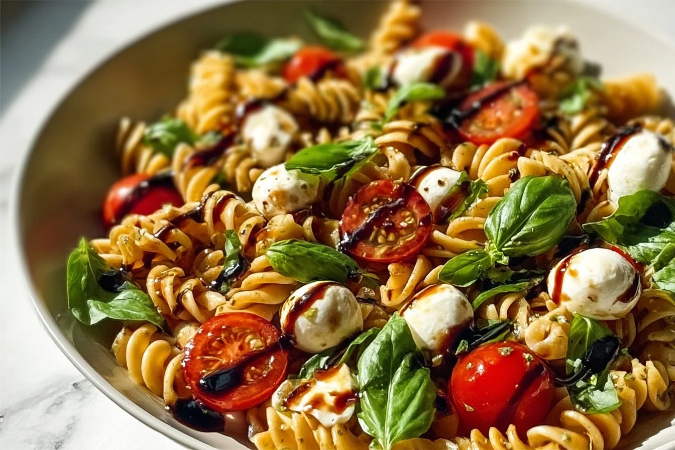 Delicious Caprese Pasta Salad drizzled with balsamic glaze and fresh ingredients.