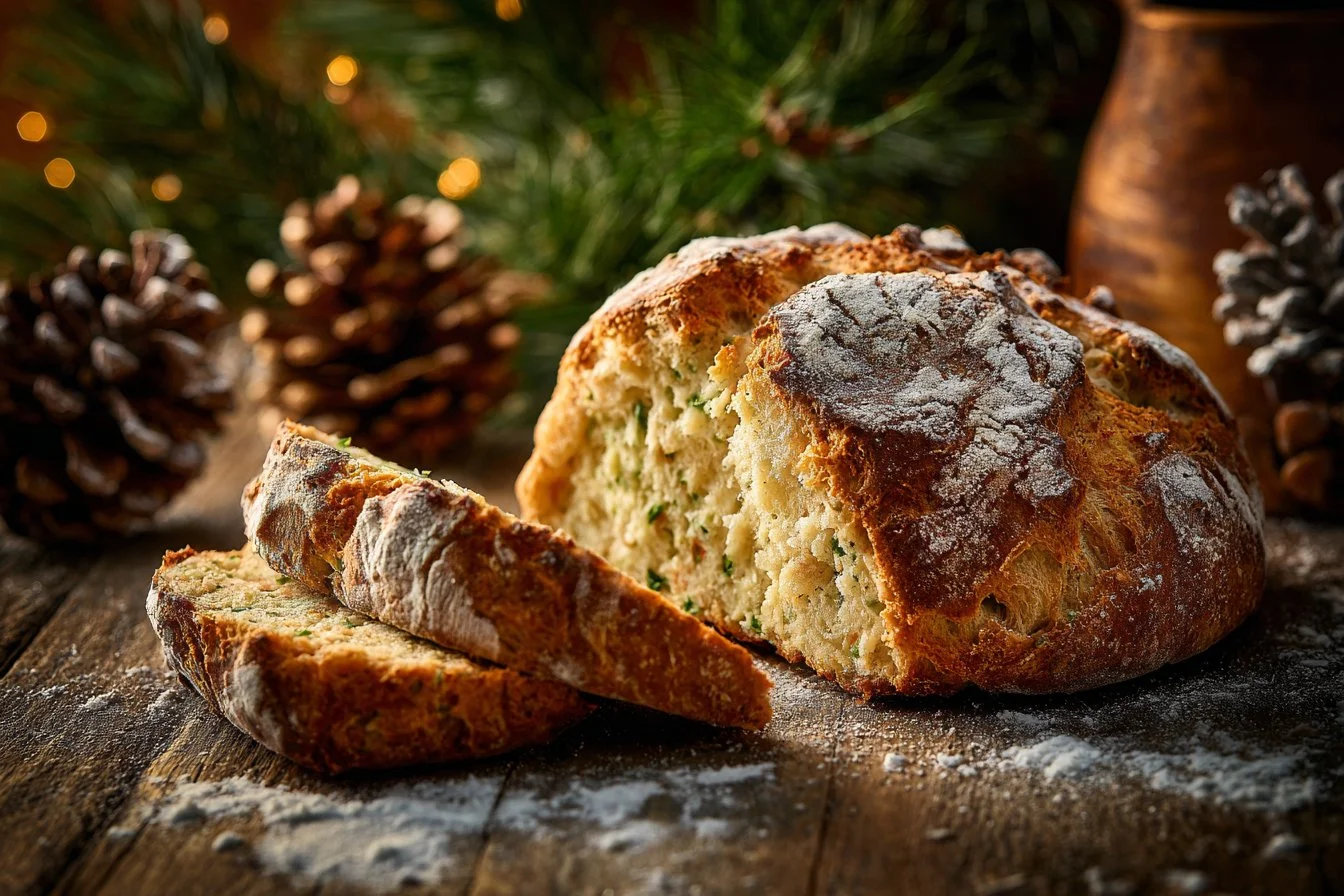 Freshly baked cheddar herb soda bread with herbs and cheese