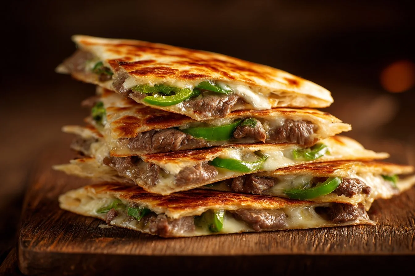 Cheese steak quesadillas with melted cheese and grilled steak