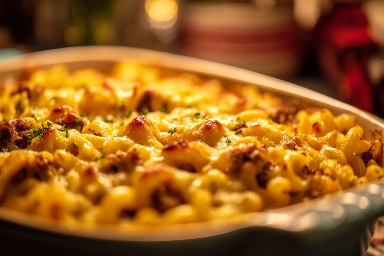 Delicious cheeseburger casserole topped with melted cheese and ground beef