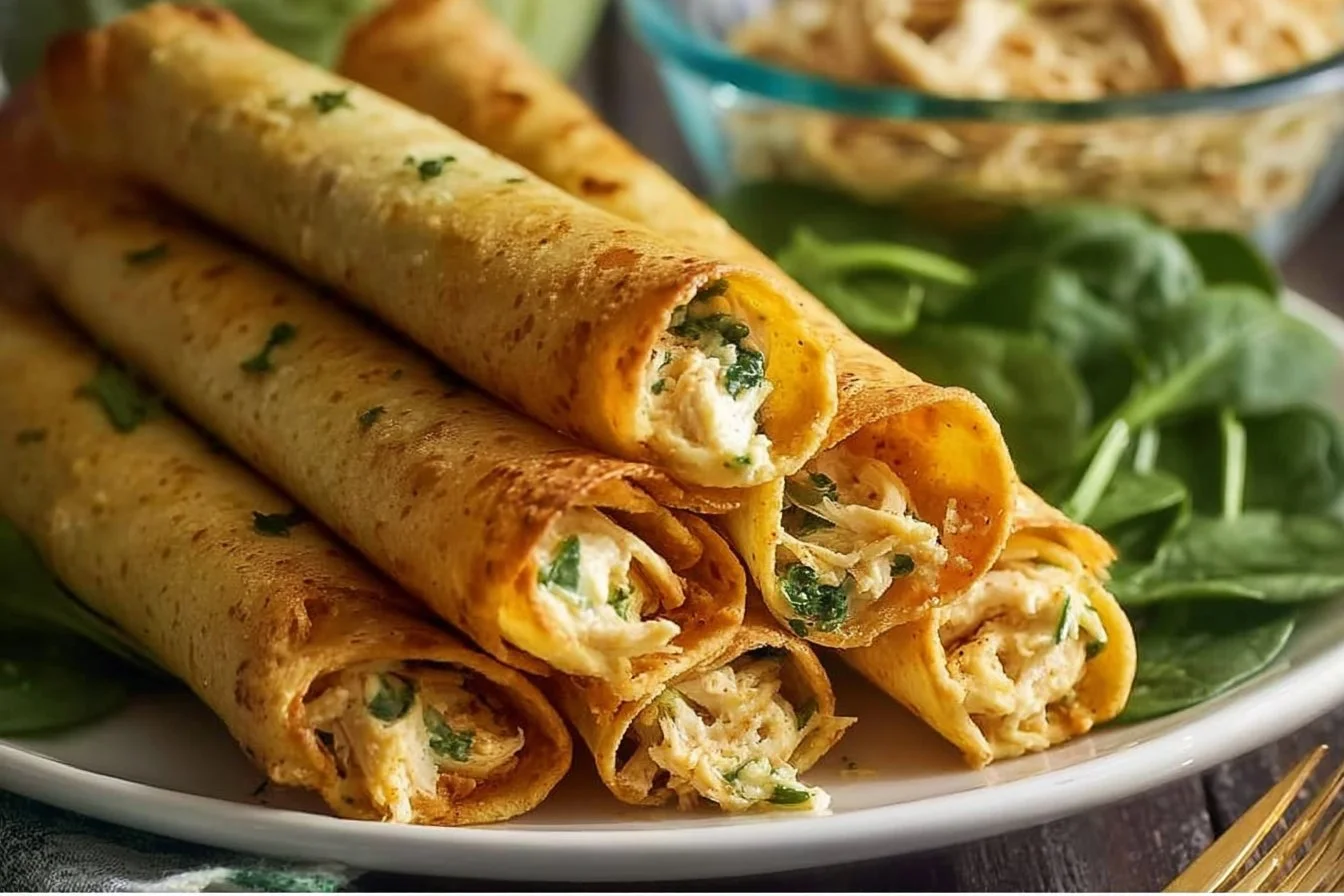 Delicious cheesy chicken taquitos served with salsa and guacamole