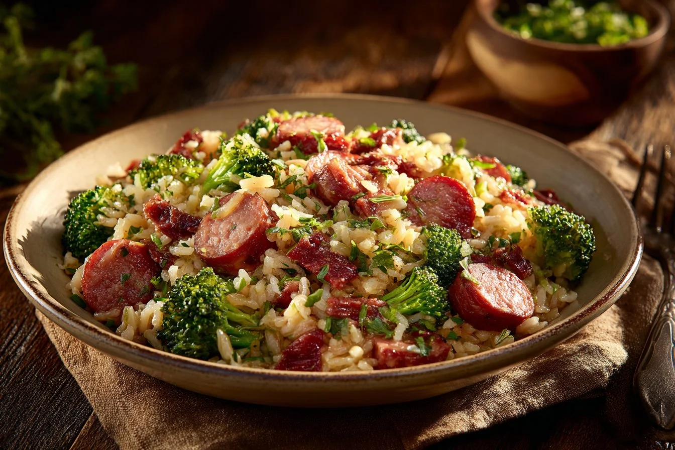Cheesy Kielbasa, Rice, and Broccoli Skillet dish served in a pan