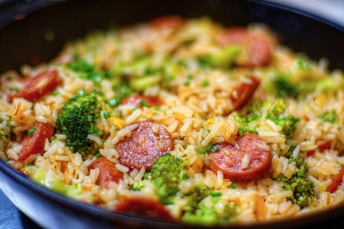 Cheesy Kielbasa, Rice and Broccoli Skillet