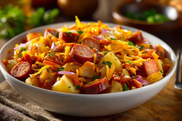 Delicious cheesy potato kielbasa served in a bowl