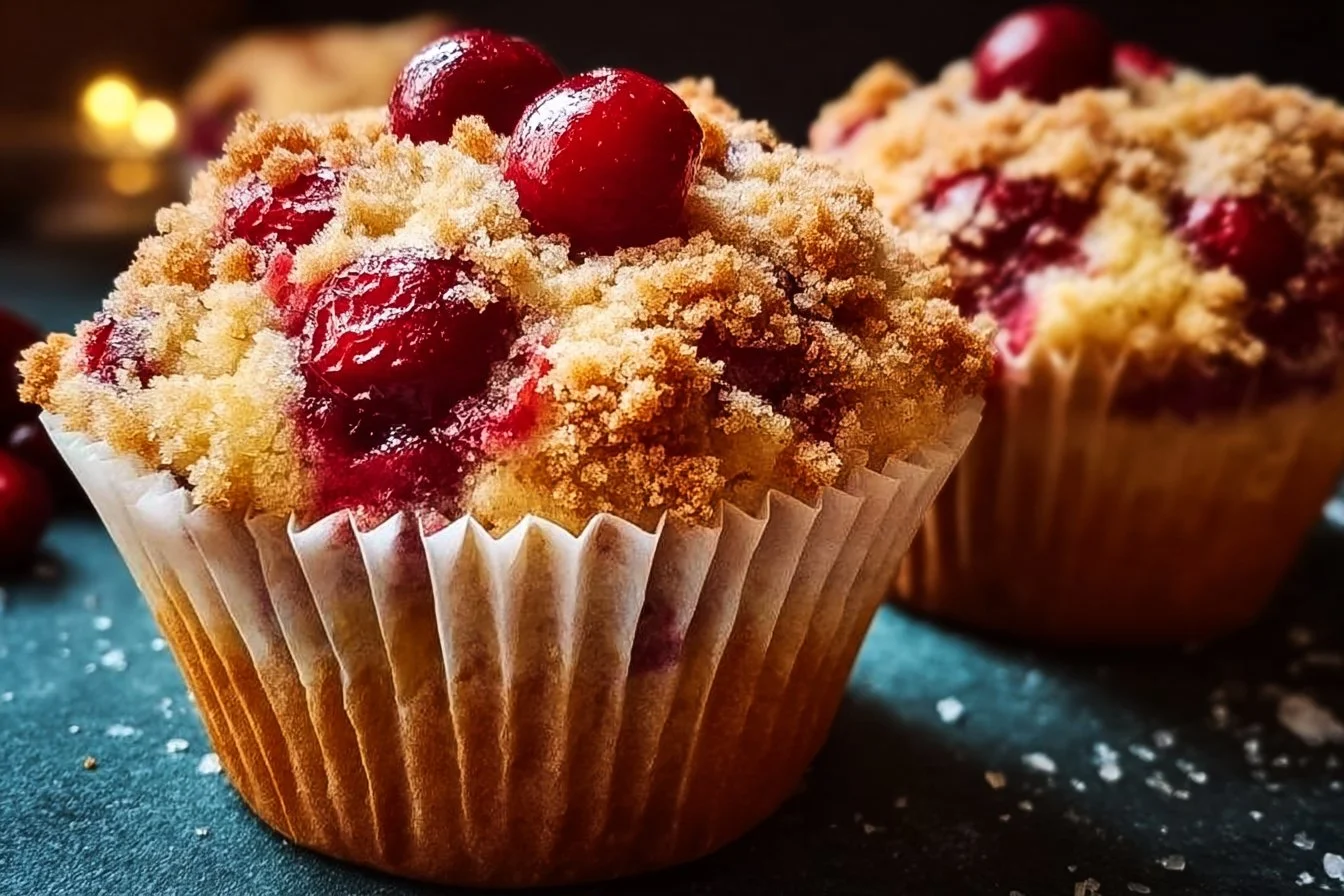 Freshly baked cherry cobbler muffins topped with crumbly streusel