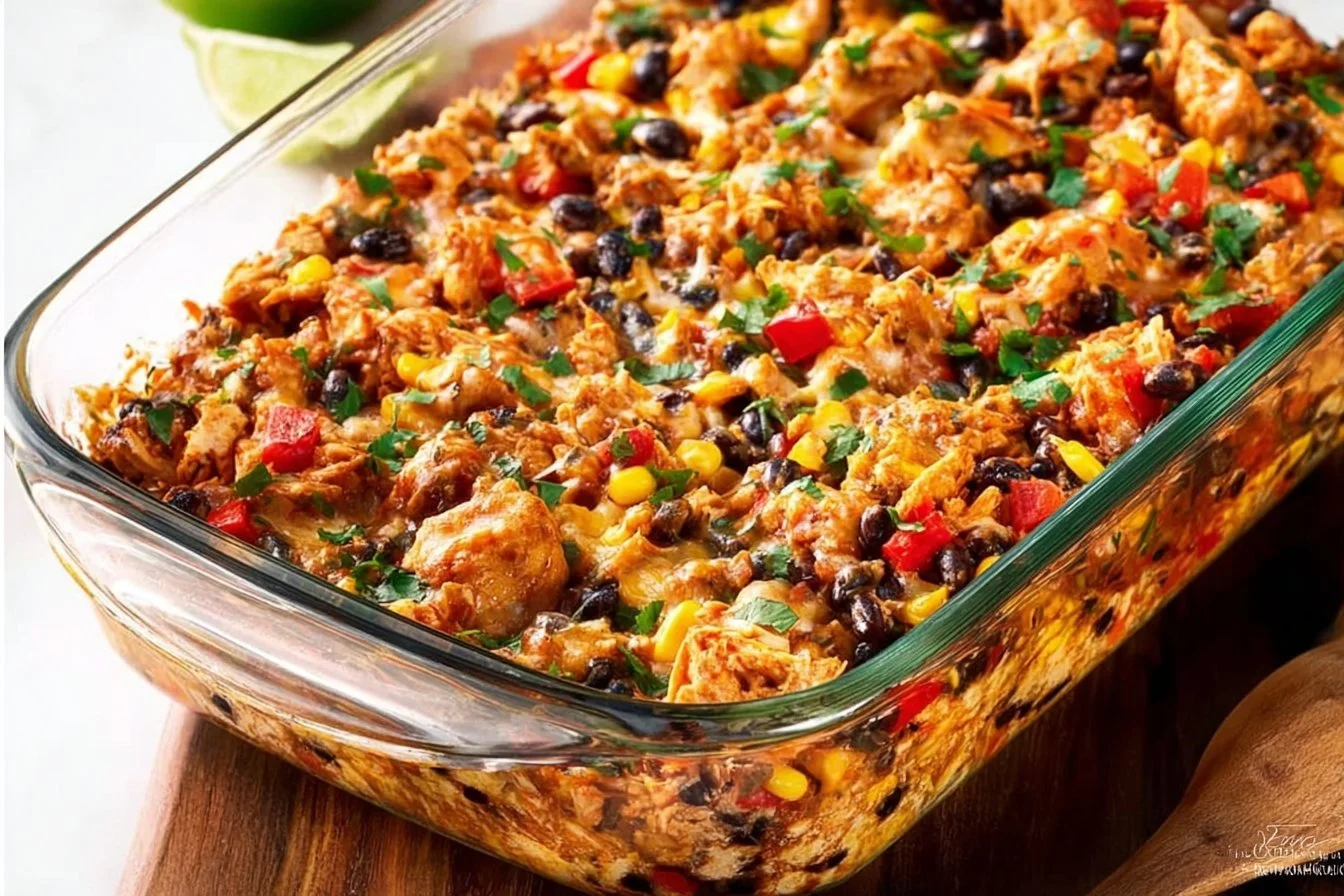 Delicious Chicken Burrito Casserole served in a dish, showcasing layers of chicken and toppings
