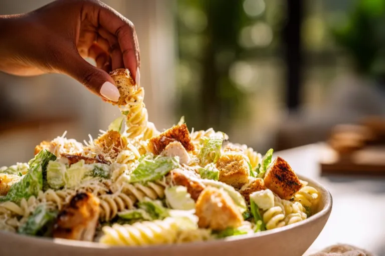 Delicious Chicken Caesar Pasta Salad with fresh ingredients and creamy dressing