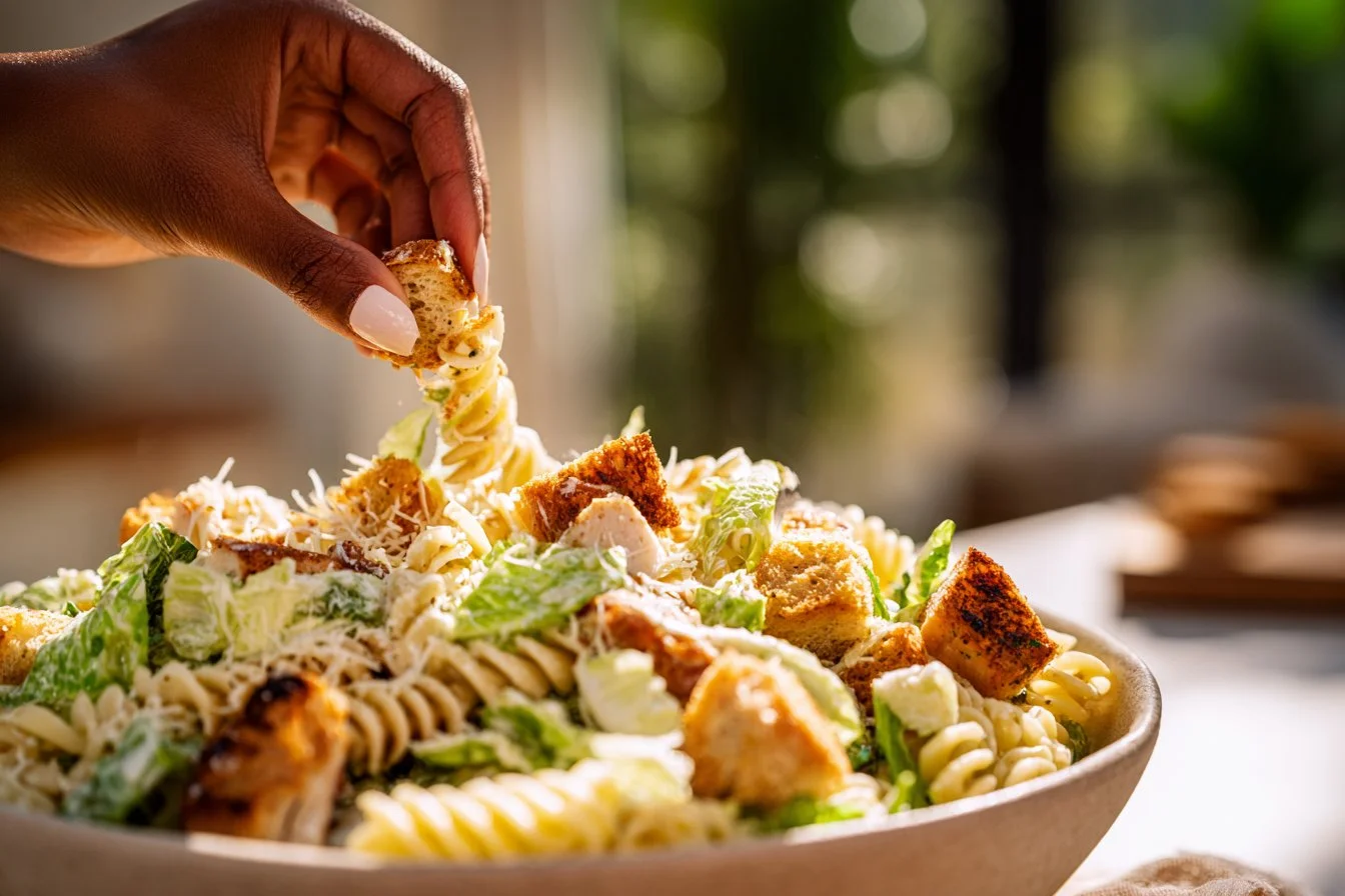 Delicious Chicken Caesar Pasta Salad with fresh ingredients and creamy dressing