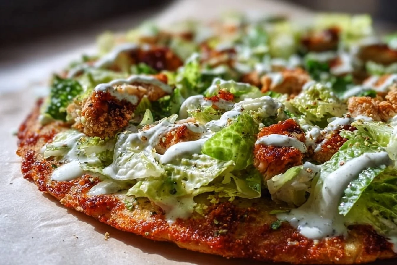 Slice of Chicken Caesar Salad Pizza with fresh toppings and creamy dressing