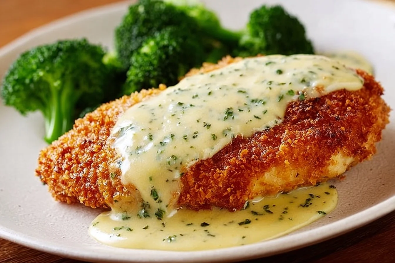 Delicious chicken in basil cream sauce served with herbs and spices