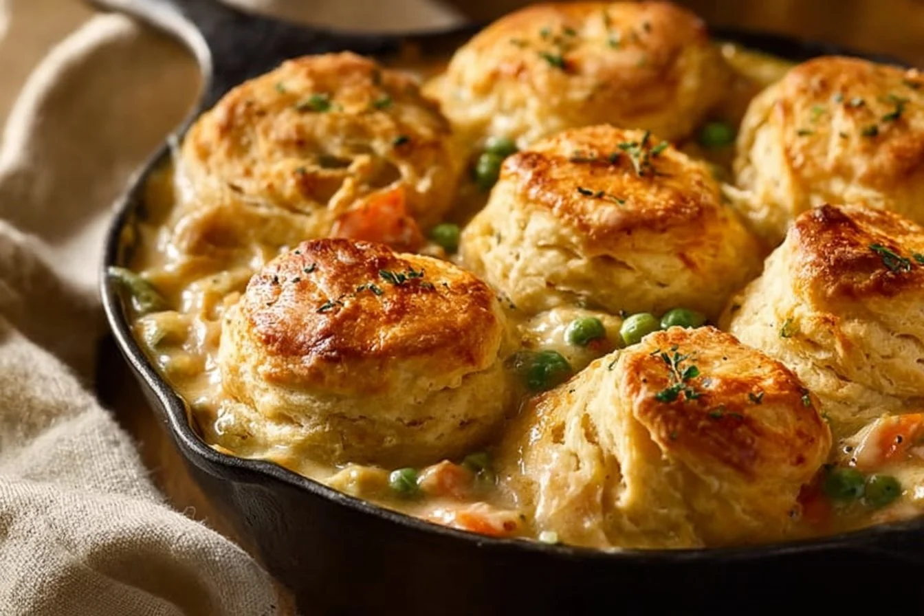 Delicious chicken pot pie topped with flaky biscuits, perfect comfort food.