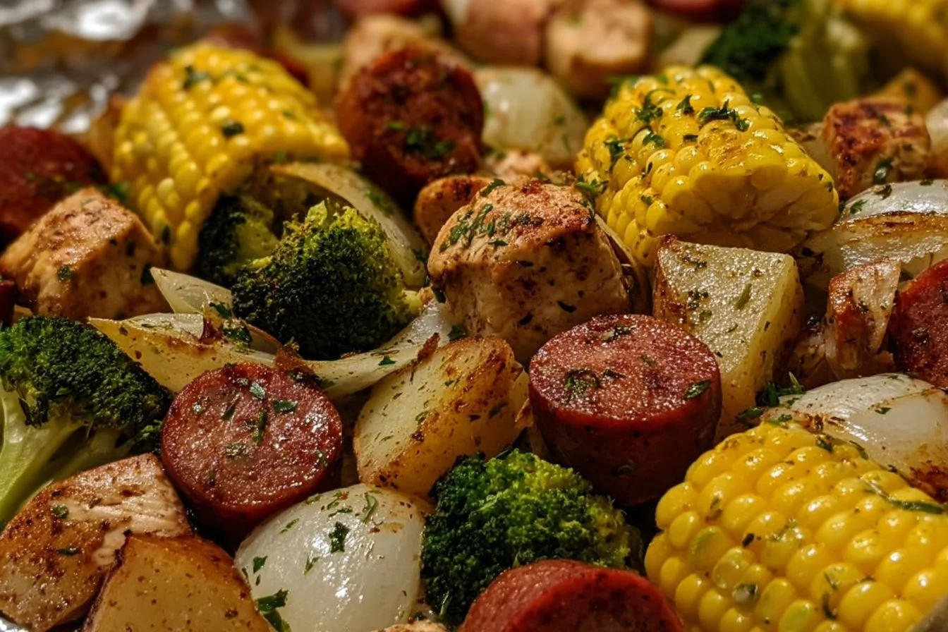 Foil packets with chicken, sausage, potatoes, broccoli, and corn ready for grilling.