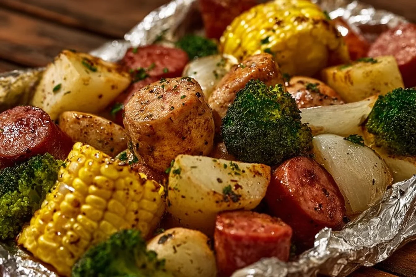 Chicken, Sausage, Potatoes, Broccoli And Corn Foil Packets