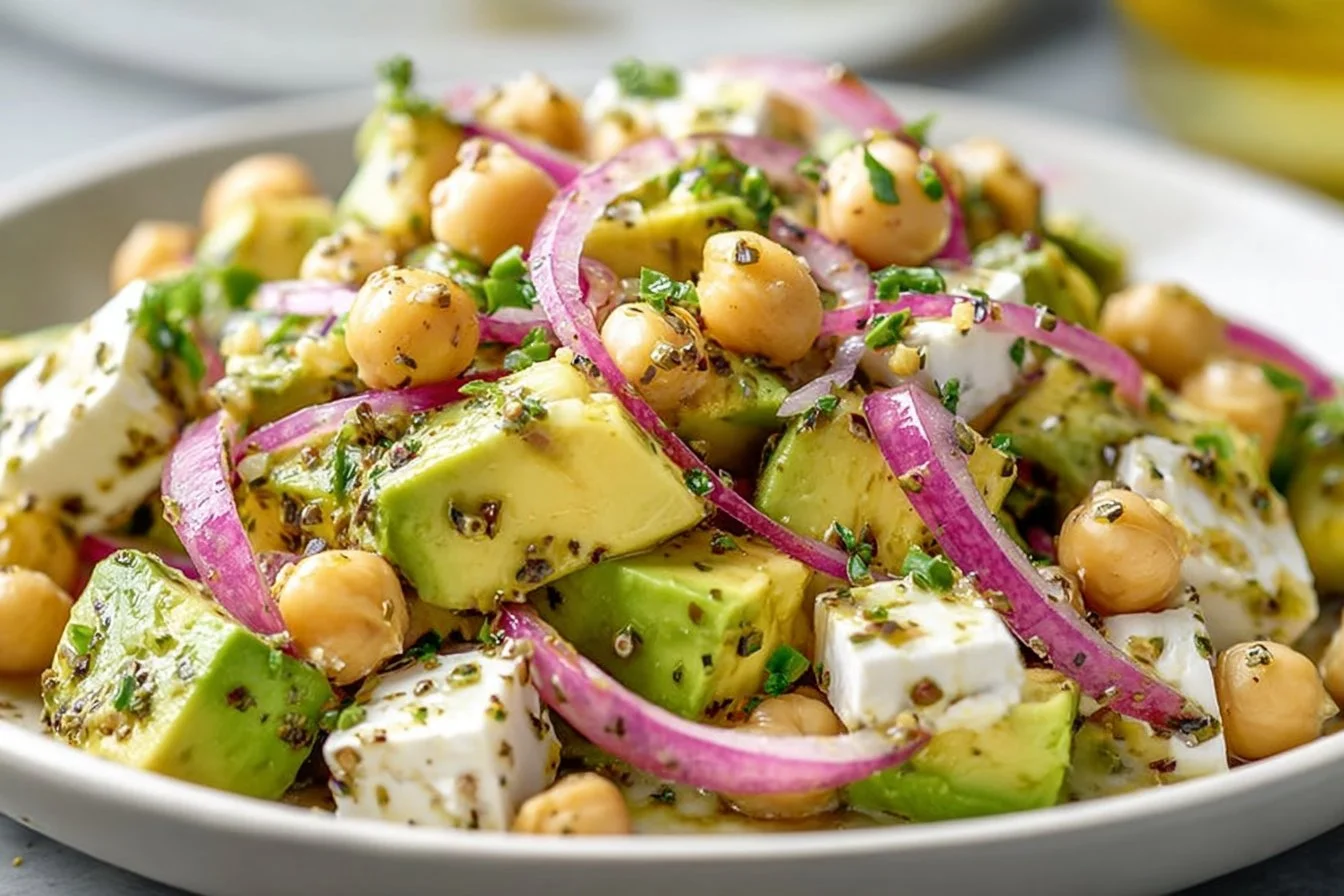 Colorful Chickpea Feta Avocado Salad with fresh ingredients in a bowl