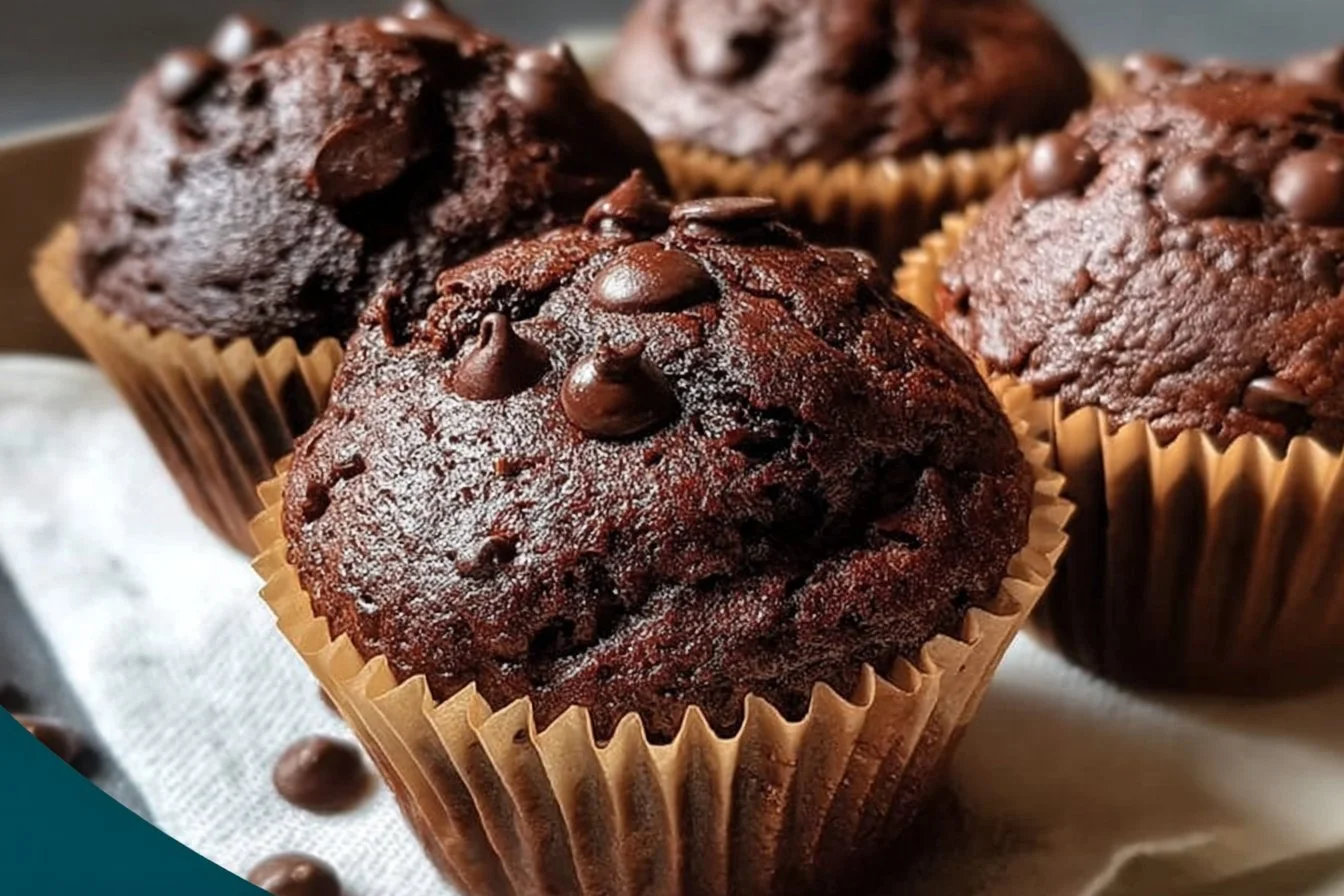 Freshly baked chocolate sourdough muffins on a cooling rack.