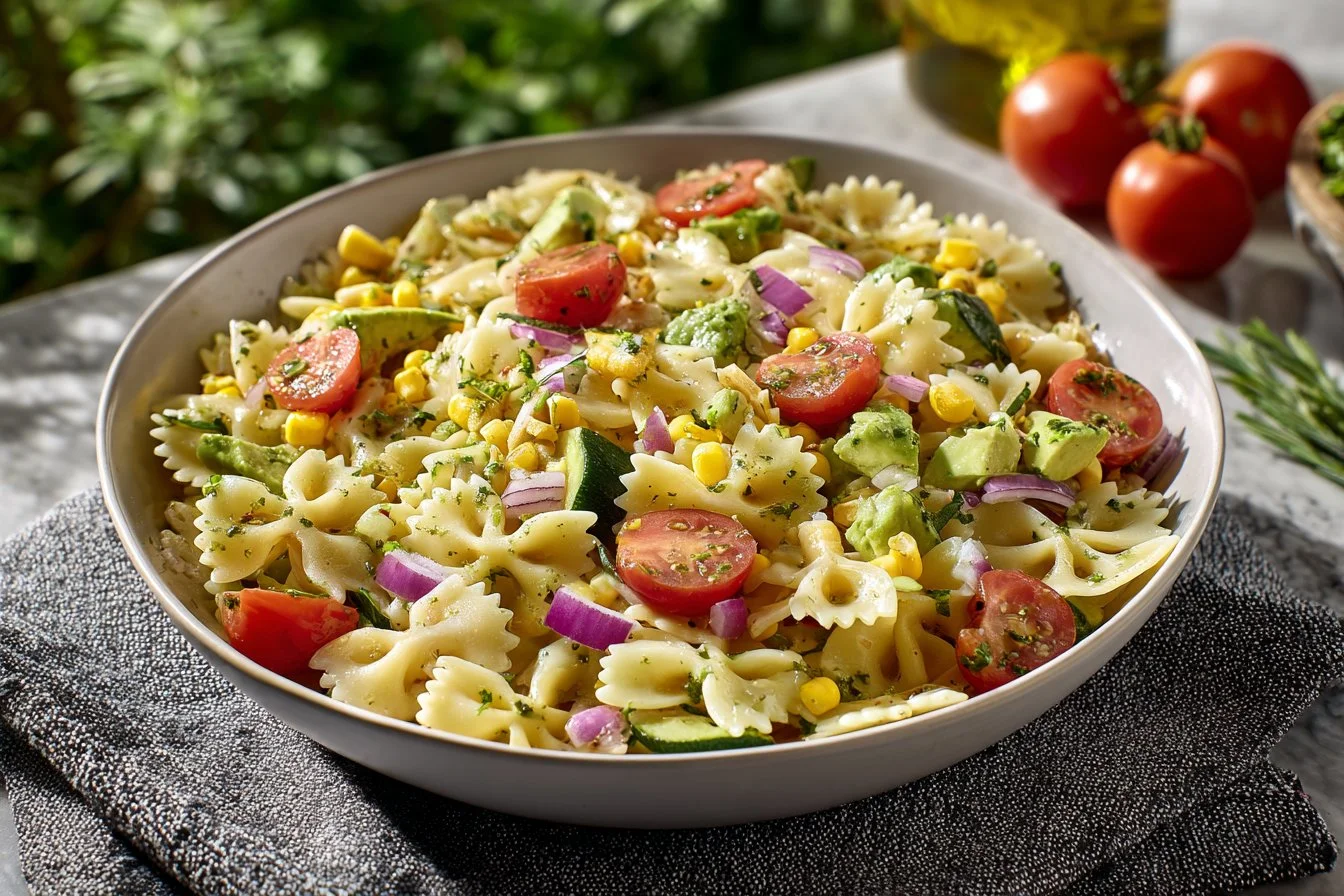 Delicious cilantro lime pasta salad served in a bowl with fresh ingredients