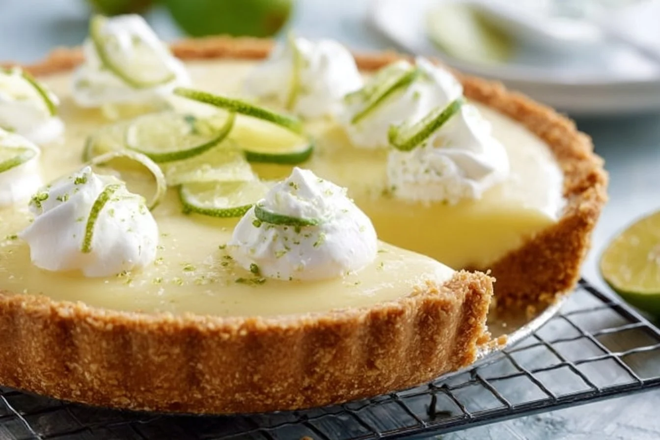 Slice of classic Key Lime Pie topped with whipped cream and lime zest