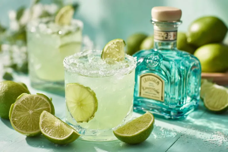 Classic Margarita cocktail with lime and salt rim in a glass