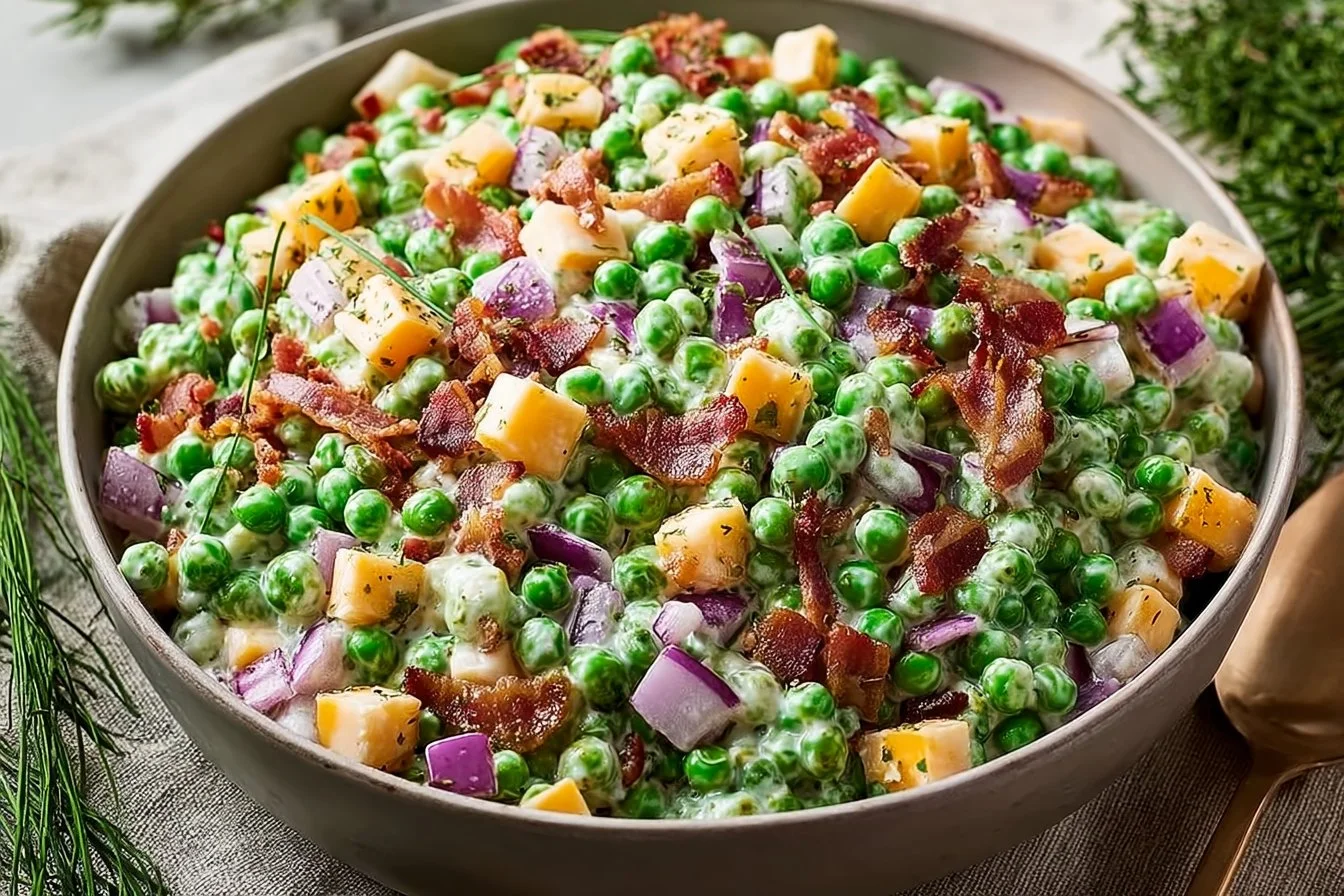 Classic Pea Salad with peas, cheese, and dressing in a bowl.