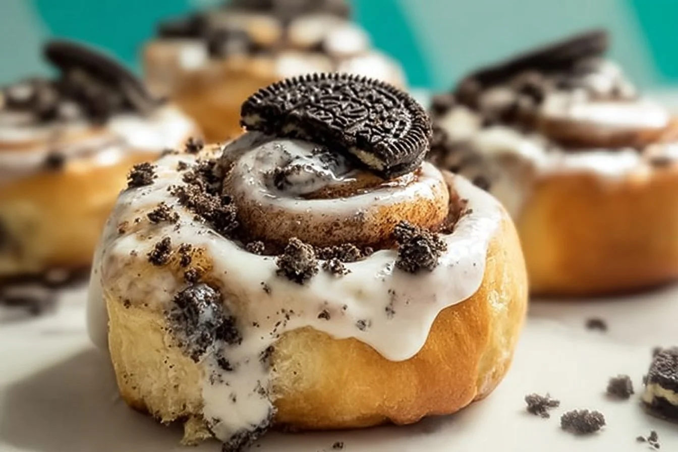 Cookies and cream cinnamon rolls topped with icing on a wooden table
