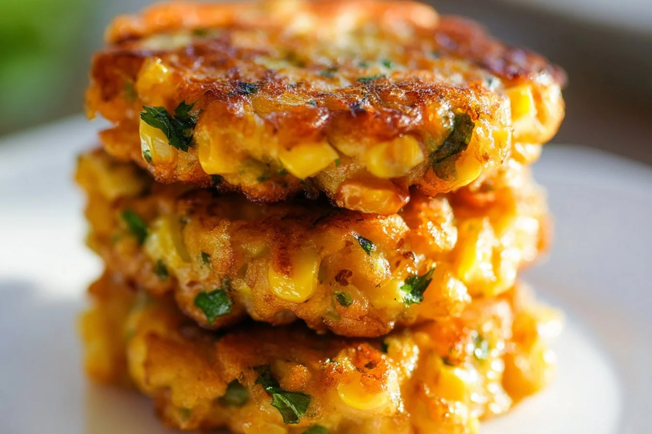 Golden corn fritters served with a dipping sauce
