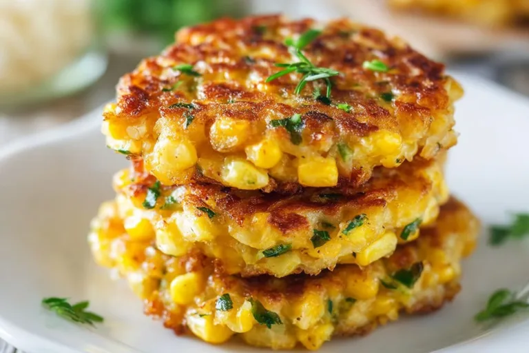 Golden-brown corn fritters served on a plate with dipping sauce