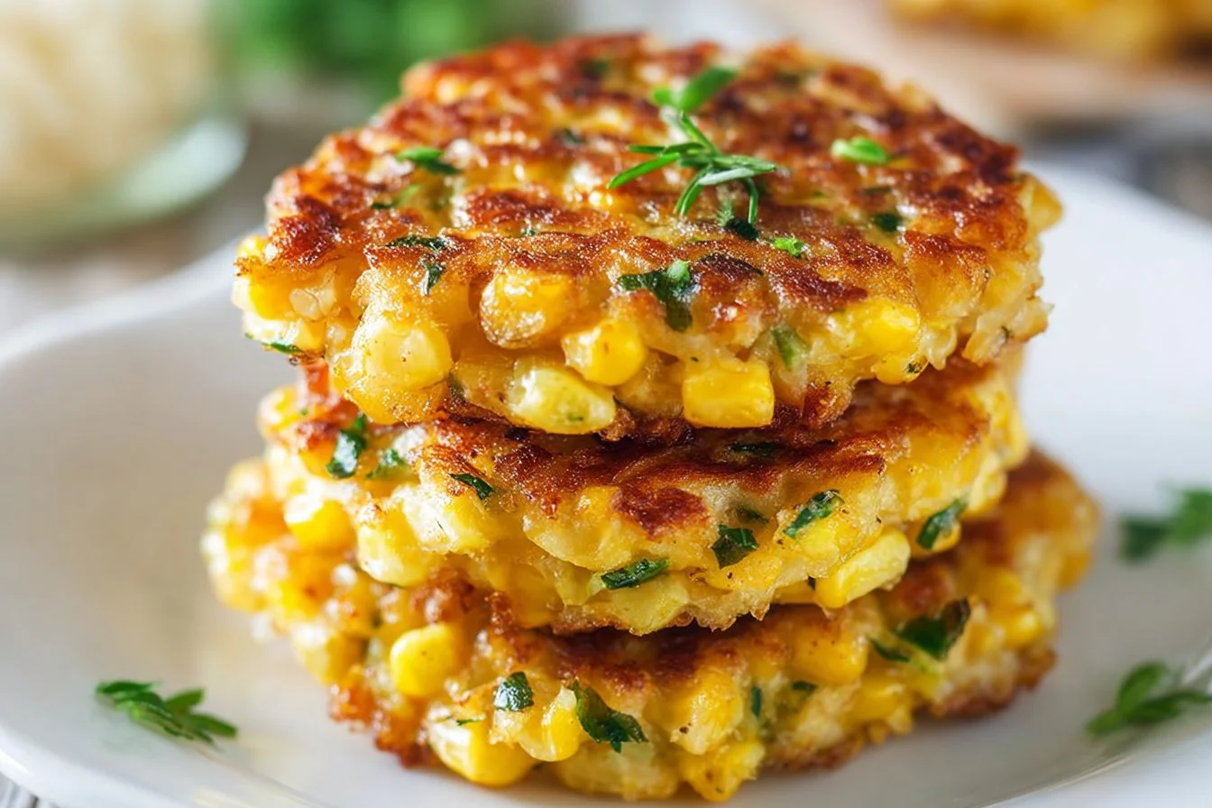 Golden-brown corn fritters served on a plate with dipping sauce