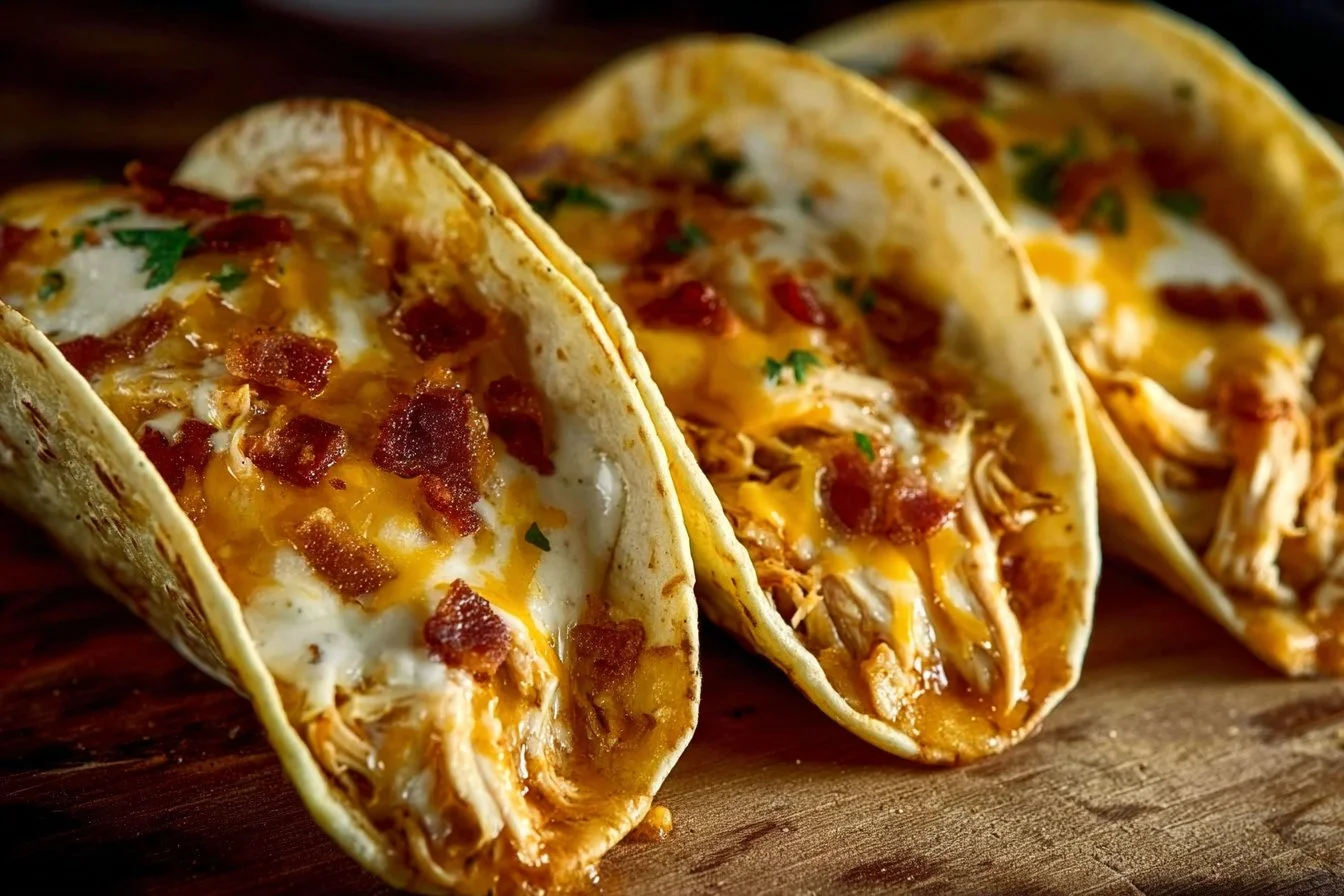 Delicious Crack Chicken Tacos served with toppings and garnish.