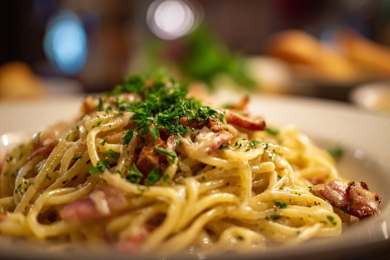 Creamy bacon pasta dish served in a bowl with fresh herbs