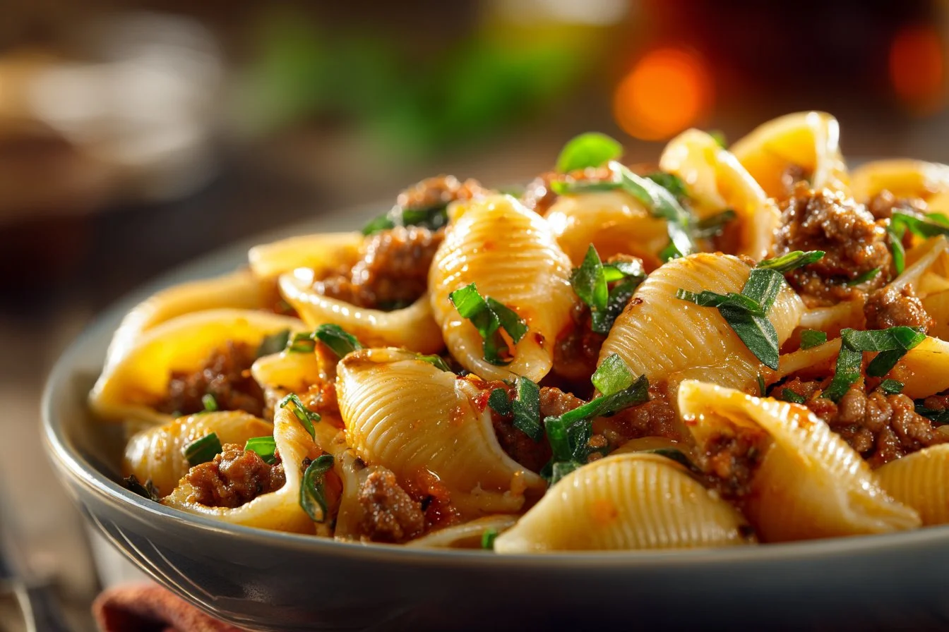 Delicious creamy beef and shells served in a bowl, a perfect comfort food dish.