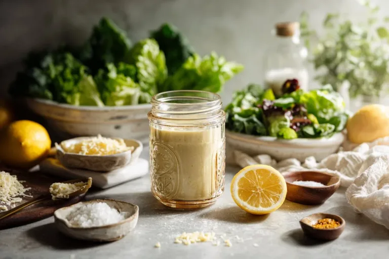 Bowl of creamy Caesar dressing drizzled over a fresh salad